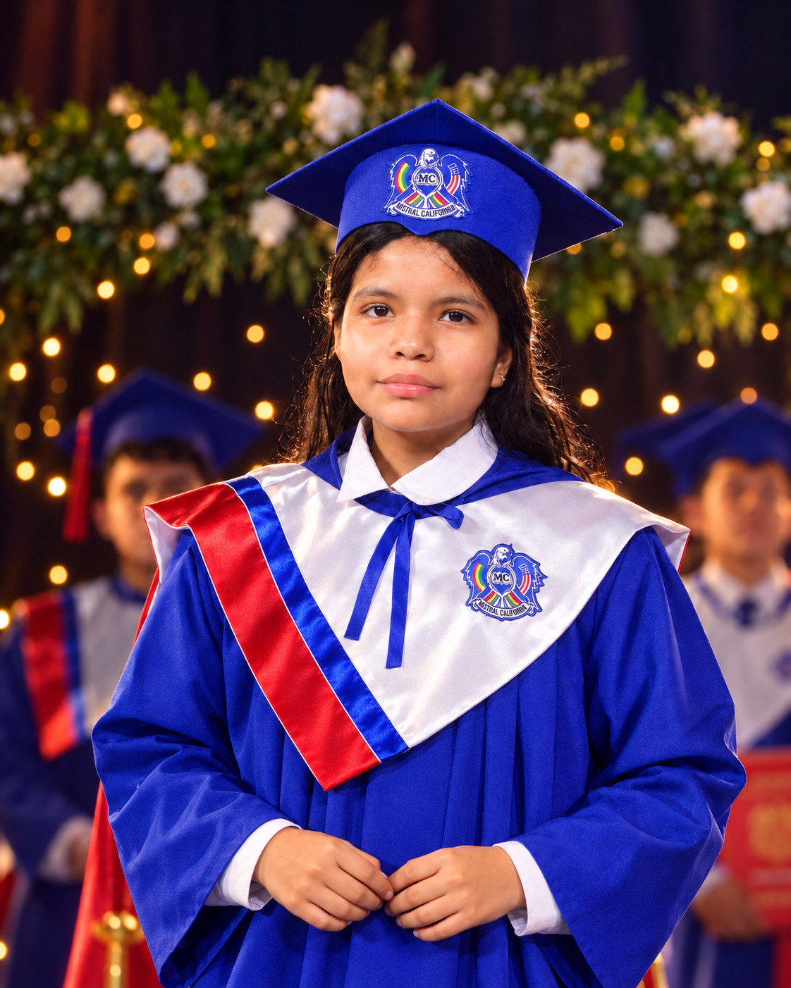 Home retrato de graduación con luces doradas